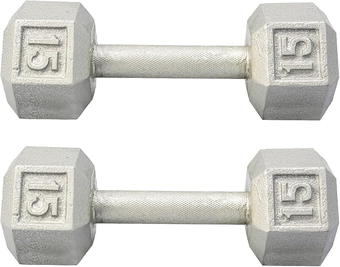 Cast Iron Hex Dumbbell 15 lb (Pair) &ndash; Silver Home Gym Weights