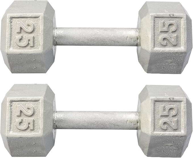 New York Barbell 25 lb Cast Iron Hex Dumbbells (Pair) – Solid Silver Strength Training Weights York Freeweight