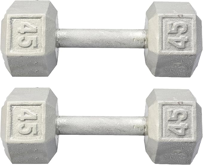 Barbell 45 lb Cast Iron Hex Dumbbells (Pair) &ndash; Silver