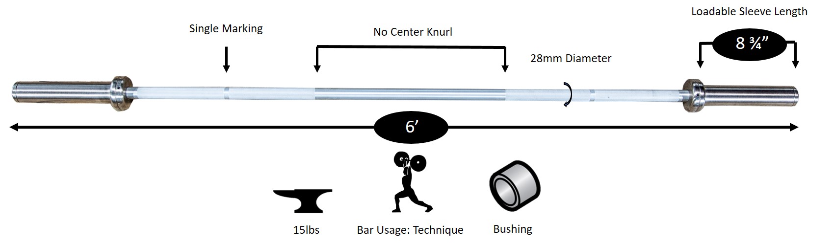 New York Ultra-Lite Aluminum Weight Bar 6ft 15 lb York Freeweight